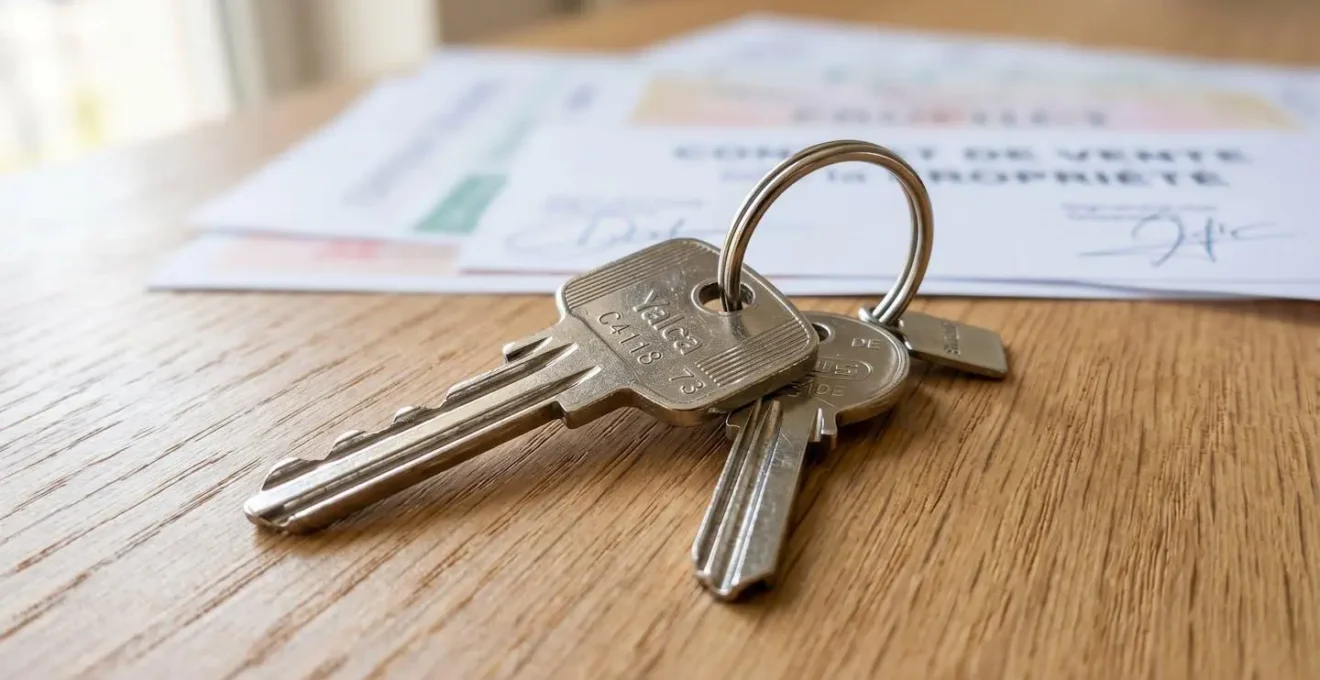 Gros plan sur des clés de maison posées sur une surface en bois clair moderne avec documents immobiliers floutés en arrière-plan