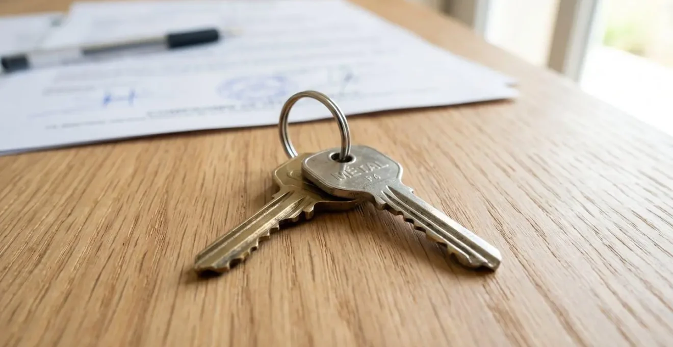 Gros plan sur des clés de maison posées sur une surface en bois clair moderne avec documents immobiliers floutés en arrière-plan
