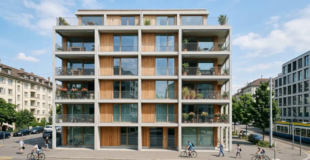 Façade d'un immeuble résidentiel contemporain avec balcons et grandes fenêtres dans un quartier calme de Suisse romande