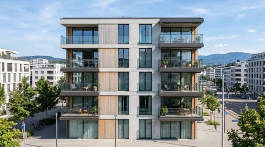 Façade d'un immeuble résidentiel contemporain avec balcons et grandes fenêtres dans un quartier calme de Suisse romande