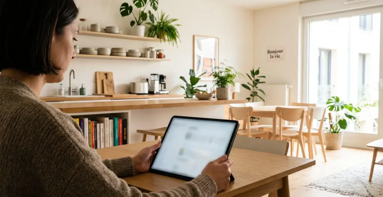 Vue par-dessus l'épaule d'une personne concentrée consultant une tablette dans un intérieur contemporain lumineux, écran volontairement flouté