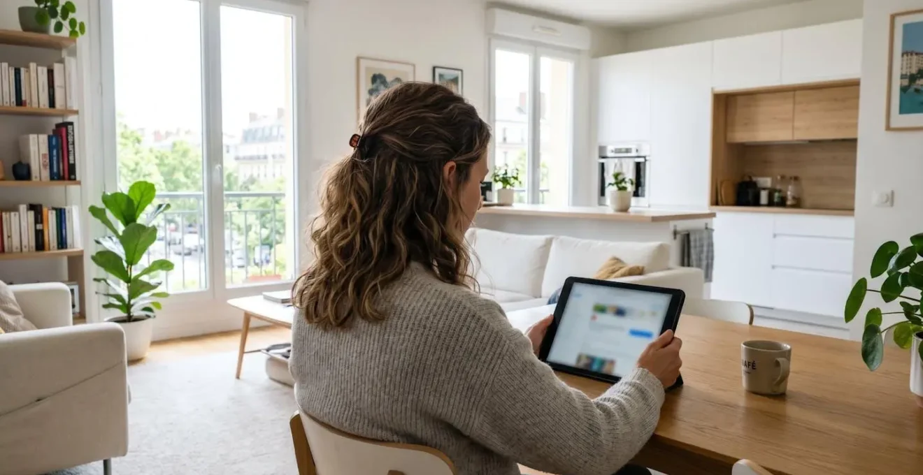 Vue par-dessus l'épaule d'une personne concentrée consultant une tablette dans un intérieur contemporain lumineux, écran volontairement flouté